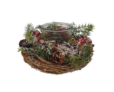 Preview: Weihnachtskranz mit Glas Windlicht und roten Beeren 22cm